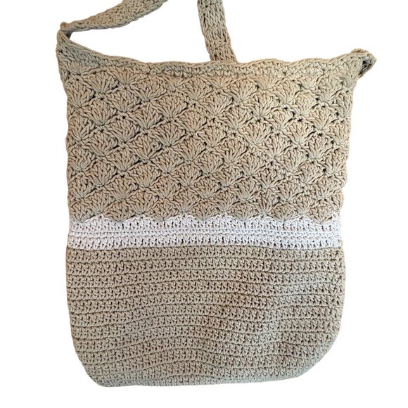 Crochet Beige & White Shoulder Bag Zipper Closures Bag Etc Lined Boho Retro - Picture 2 of 8